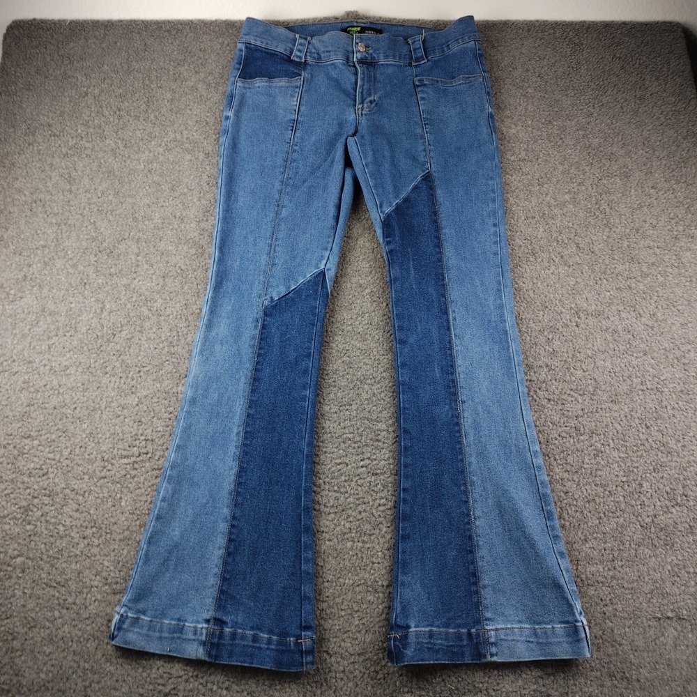 Forever 21 x Frankie and the Studs Two Tone Flare Jeans XL Blue Patchwork Bell